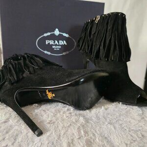 NEVER WORN Prada Black Suede Fringe peep toe booties